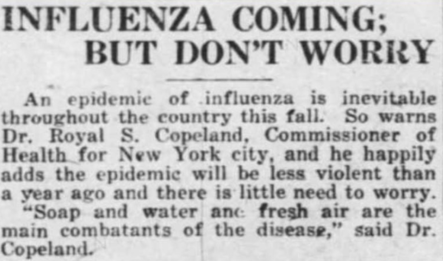 PHOTO Newspaper Article From 1918 Saying Not To Worry About Influenza Coming