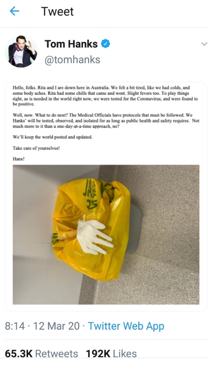 PHOTO Tom Hanks Posts Picture Of Contaminated Gloves And Suit He Had To Wear When Being Tested For Corona Virus