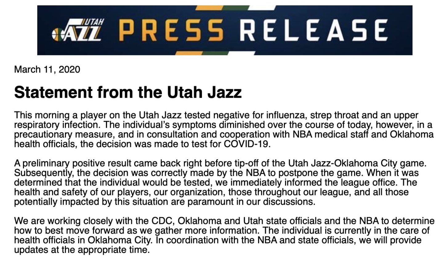 PHOTO Utah Jazz Statement Comfirming Rudy Gobert Tested Positive For Corona Virus