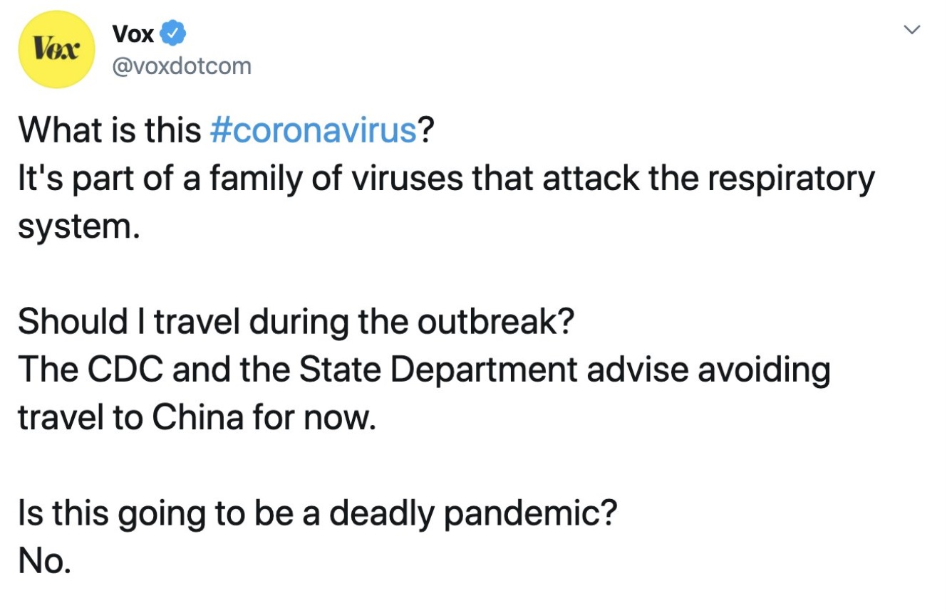 PHOTO VOX Media Said Corona Virus Wasn't Going To Be A Pandemic On January 31 2020