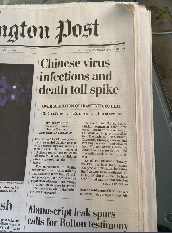 PHOTO Washington Post Referring To Corona Virus As Chinese Virus