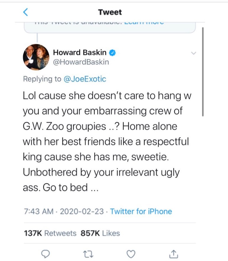 Howard Baskin Calls Out Joe Exotic For Blaming Carole Baskin For Murder Of Ex-Husband