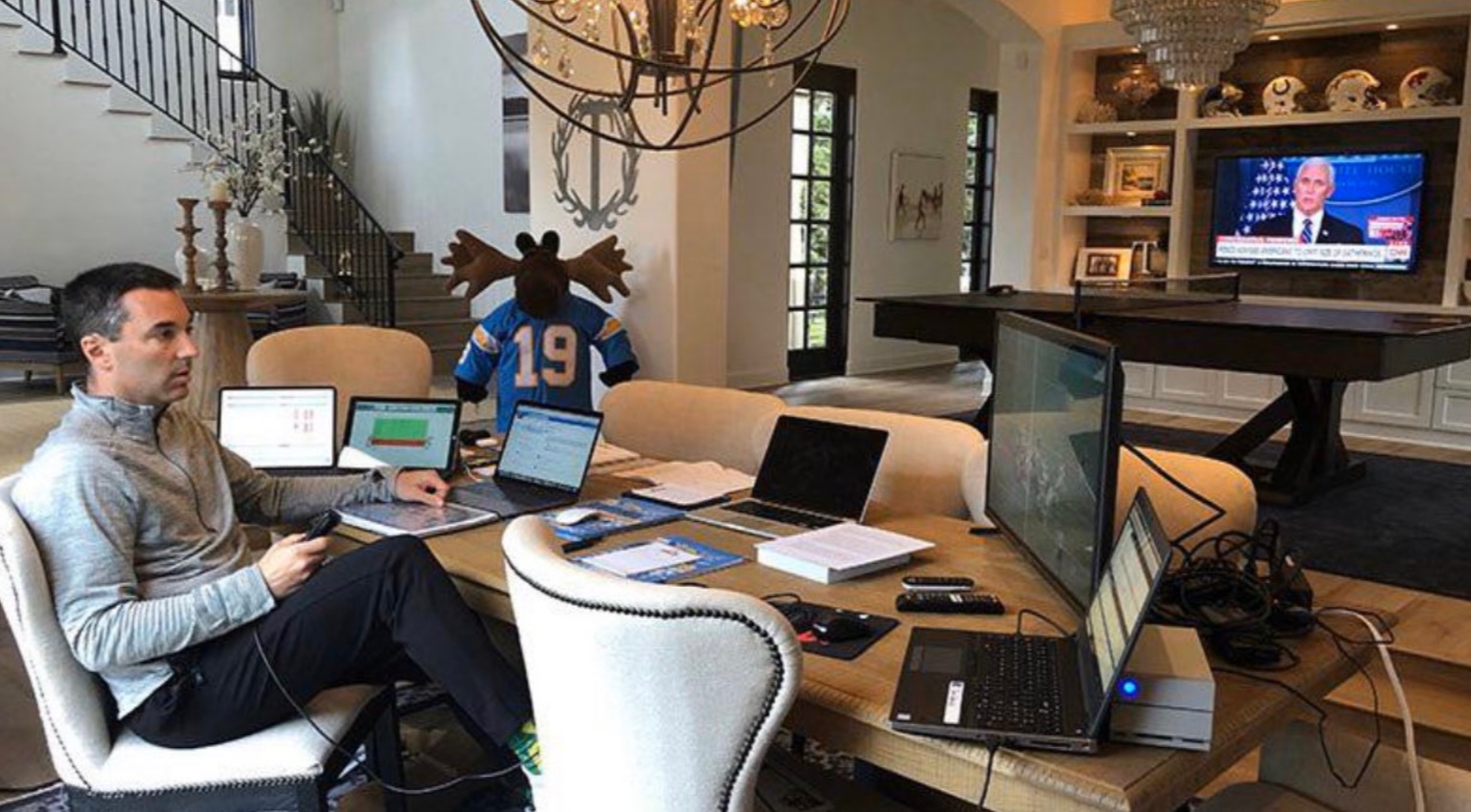 PHOTO Chargers GM Tom Telesco Has Five Laptops And A Monitor Setup To Go Through Film Setup In His Living Room