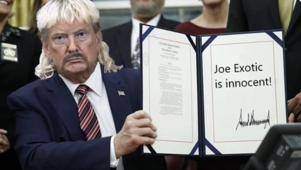 PHOTO Donald Trump With Joe Exotic's Hair Signing Executive Order That Says Joe Exotic Is Innocent