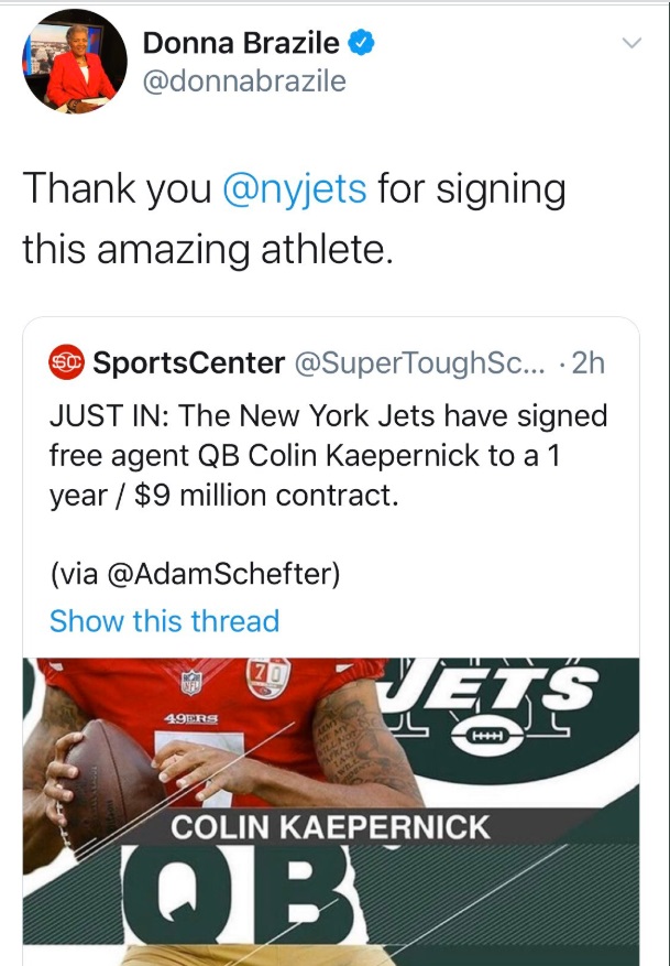 PHOTO Donna Brazile Fell For Colin Kaepernick Jets Signing