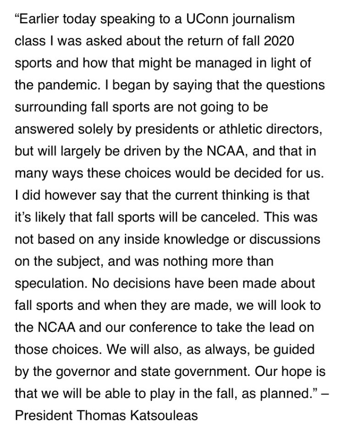 PHOTO UConn President Says NCAA Will Decide For Them Whether College Sports Will Return