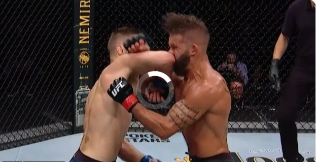 Calvin Kattar Elbowing Jeremy Stephens In The Mouth At UFC 249