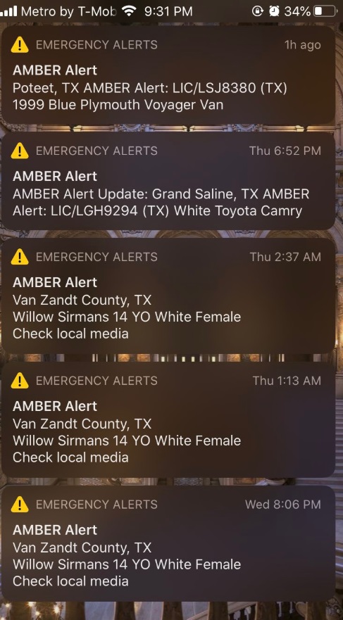 PHOTO 4 Amber Alerts In Texas On Thursday Blowing Up People's Phones