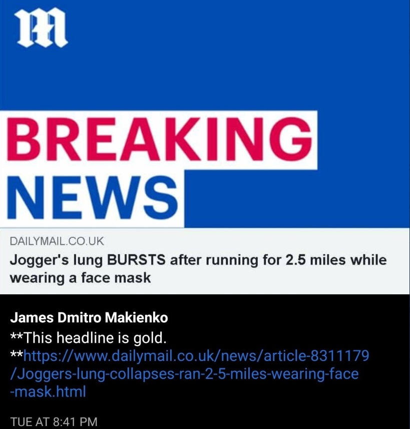 PHOTO A Joggers Lungs Bursted After Running 2.5 Miles While Wearing Face Mask