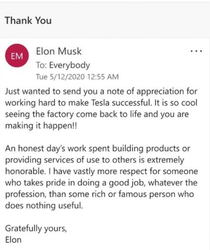 PHOTO Elon Musk Email To Tesla Factory Workers Thanking Them