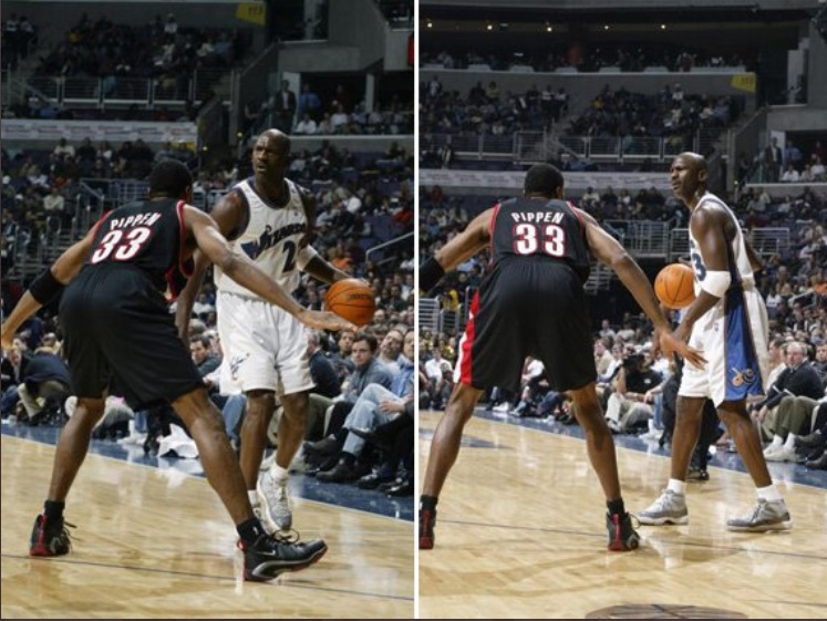 PHOTO Scottie Pippen In A Blazers Uniform Defending Michael Jordan In A Wizards Uniform In The Last Dance