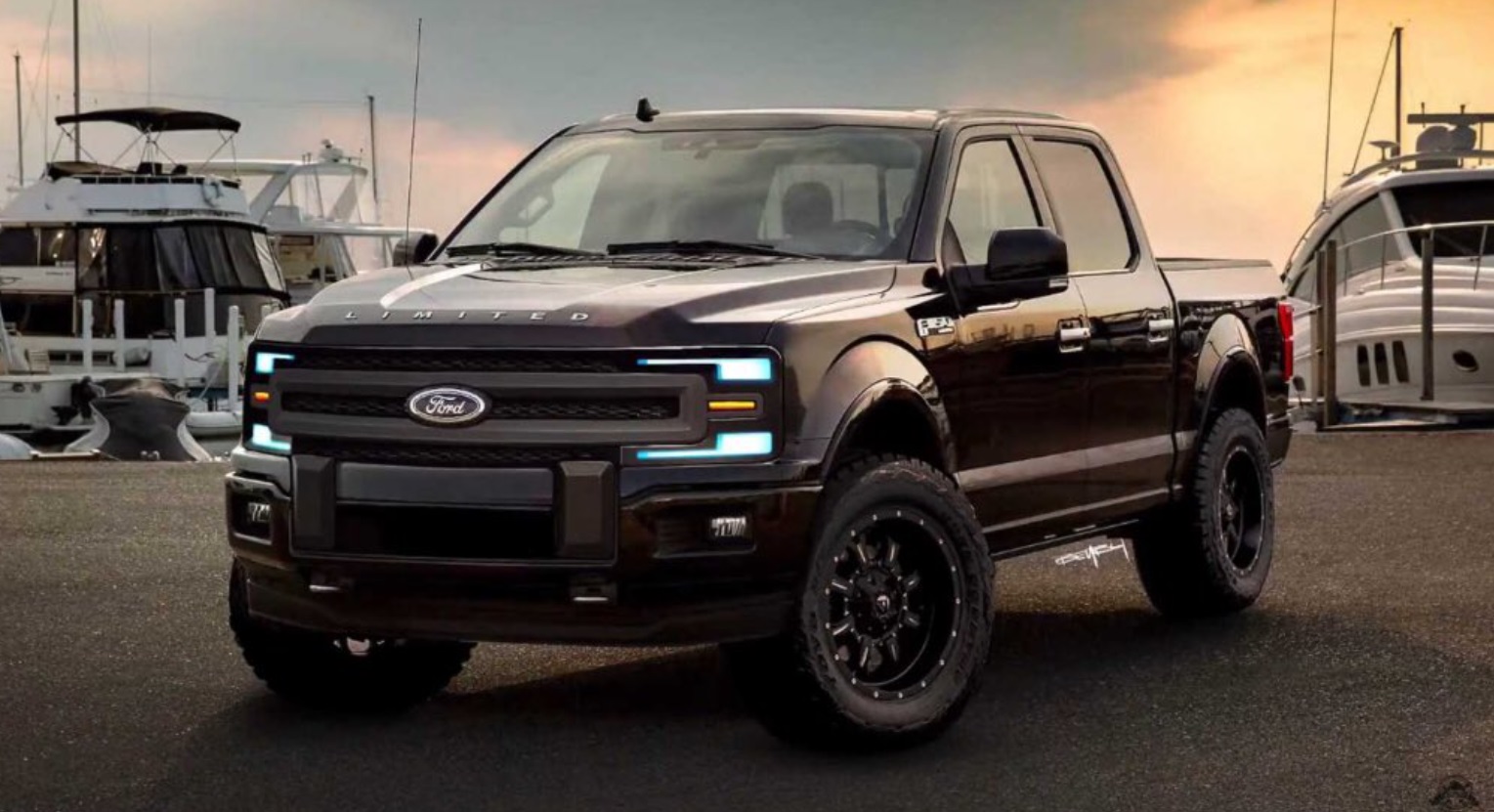 PHOTO 2021 Ford F-150 Parked Next To Boats Docked On Shore