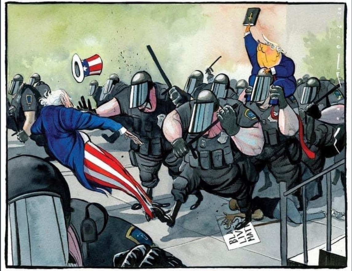 PHOTO Cartoon Of Donald Trump Holding Bible In Crowd Of Protesters Vs Riot Police