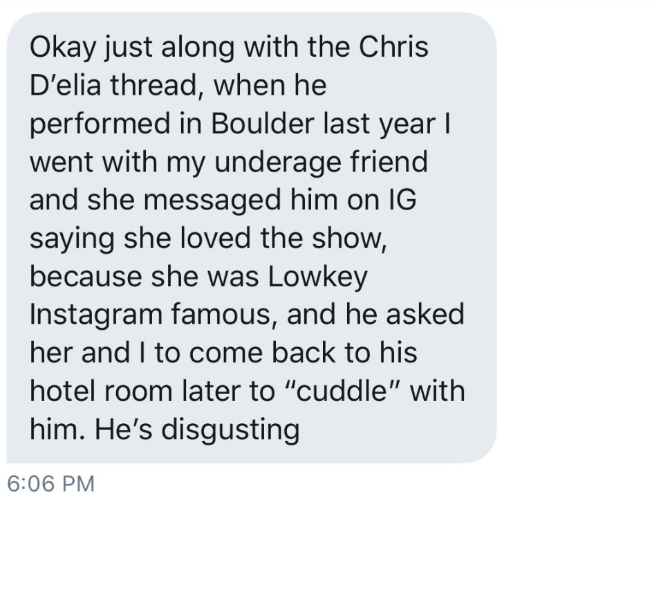 PHOTO Chris D'Elia Asked Underage Girl And Her Friend After Boulder Colorado Show To Cuddle With Him In His Hotel