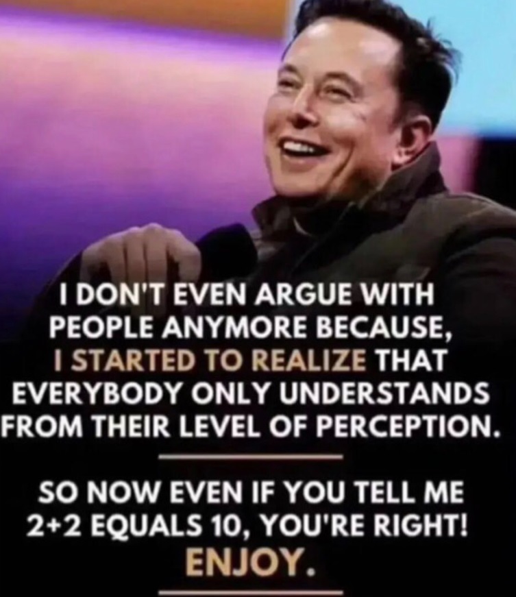 PHOTO Elon Musk Says He Doesn't Argue With Anyone Because Everyone Only Understands From Their Level of Perception