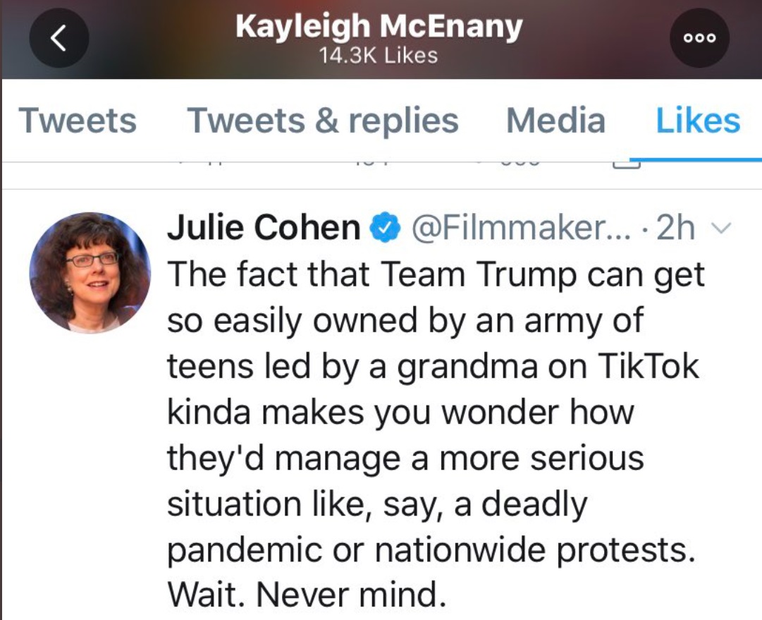 PHOTO Kayleigh McEnany Liked Tweet Saying Team Trump Gets Owned By Army Of Teens Led By Grandma On TikTok