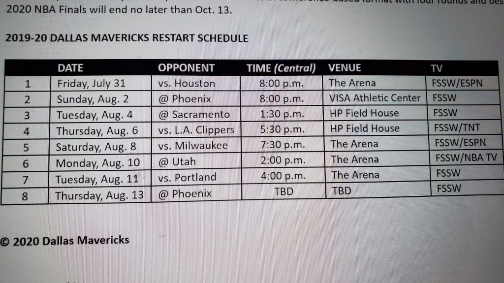 PHOTO 2019-20 Full Dallas Mavericks Restart Schedule