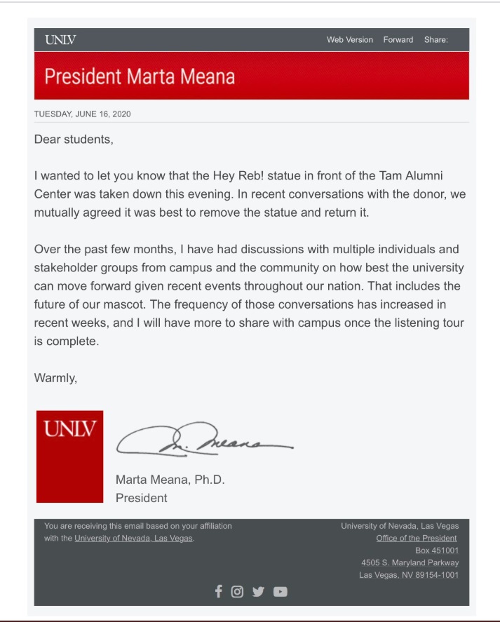 PHOTO UNLV President On Hey Reb Statue In Front Of Alumni Center Taken Down