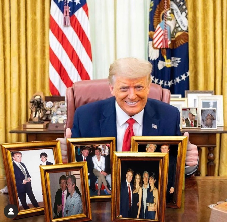 PHOTO Donald Trump With Pictures Of Jeffrey Epstein On His Deck Inside Oval Office