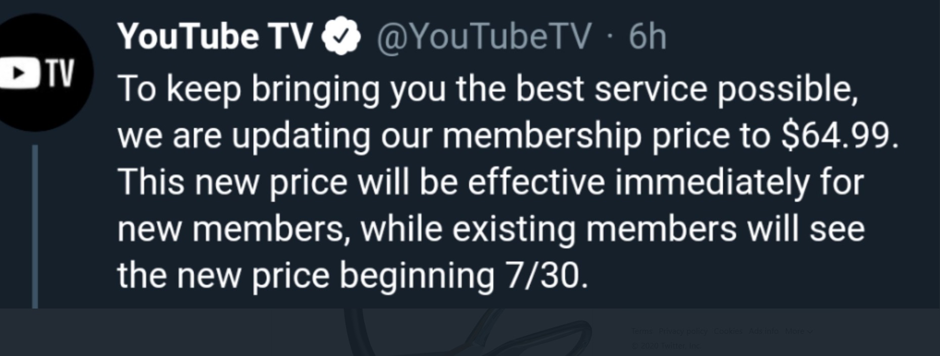 PHOTO Existing Youtube TV Members Will Be Charged New Rate Of $65 On June 30