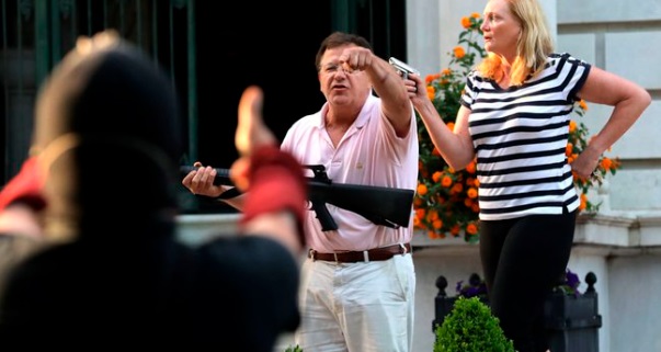 PHOTO Mark McCloskey Making A White Power Sign At Protesters