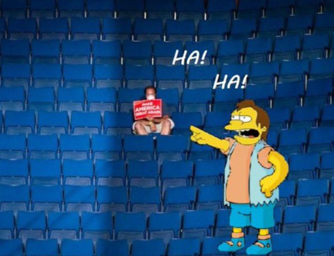 PHOTO Simpson's Character Laughing And Pointing At One Trum Supporter Sitting Up High In Bleachers All By Himself At Trump Rally