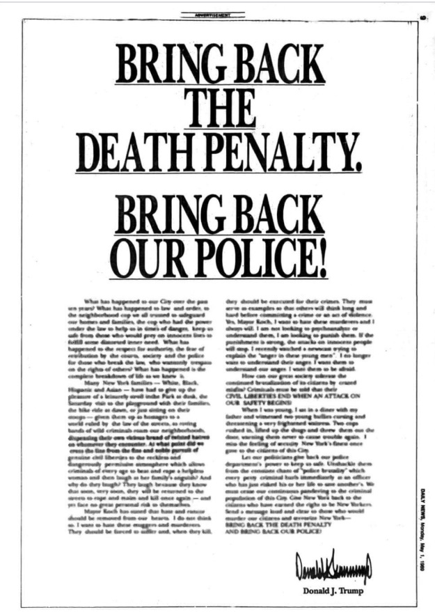 PHOTO Donald Trump Put Out A Full Page Ad On Brining Back The Death Penalty