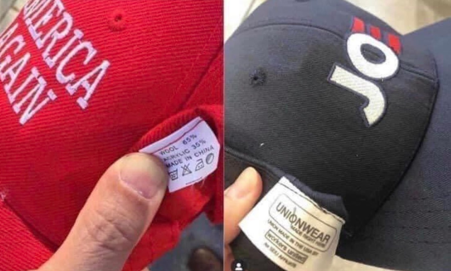 PHOTO Donald Trump's Campaign Hats Are Made In China Joe Biden's Are Made In USA