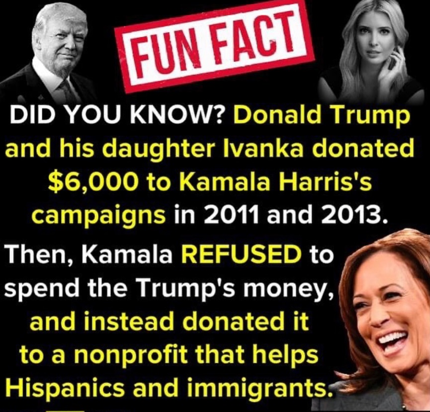 PHOTO Fact Donald Trump And Ivanka Donated 6K To Kamala Harris's campaign in 2011 And 2013