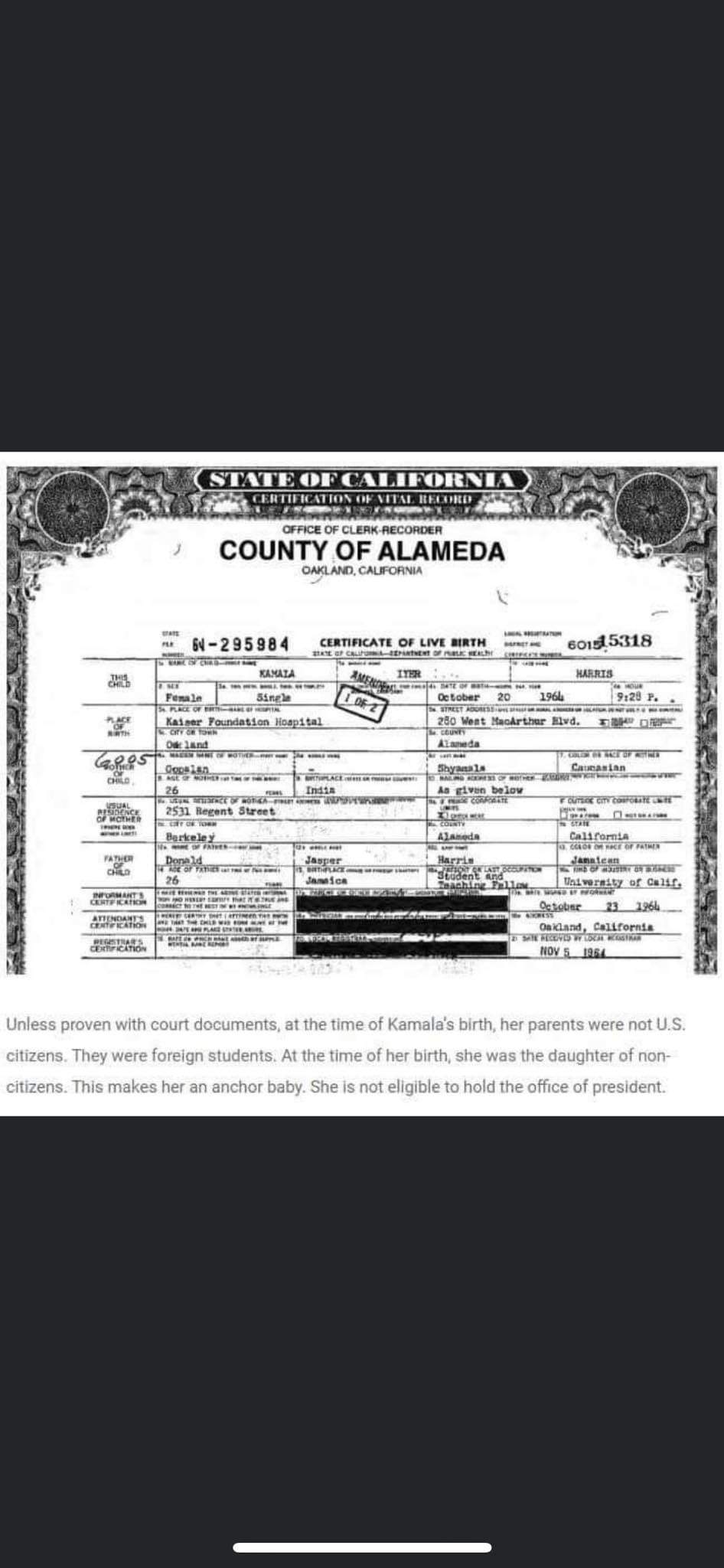 PHOTO Kamala Harris' Official Birth Certificate Says She's Caucasian