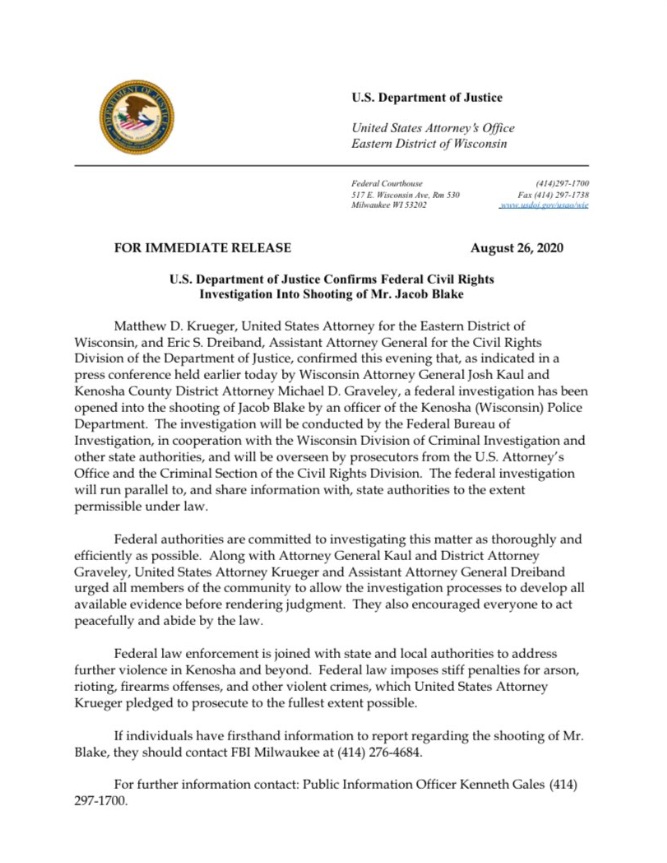 PHOTO US Department Of Justice Statement On Opening Jacob Blake Shooting Investigation