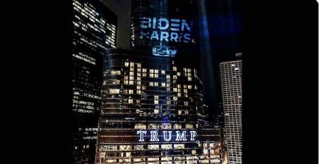 PHOTO Biden Harris Projected Onto Trump Tower In Chicago