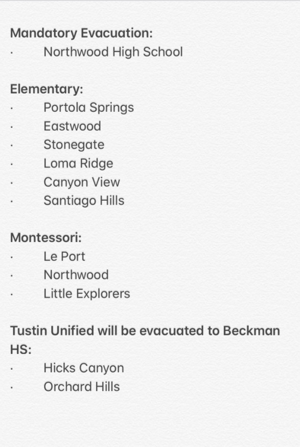 PHOTO List Of Schools Evacuated Due To Silverado Fire On Monday