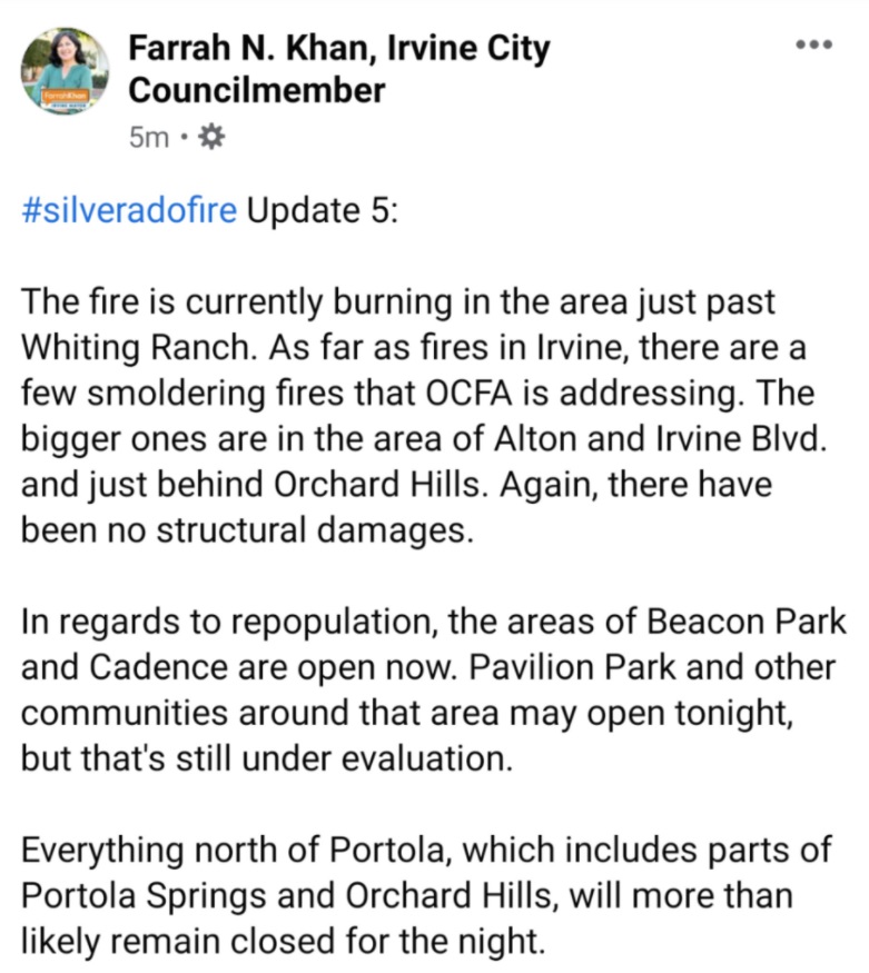 PHOTO Silverado Fire Update 5 As Of 6 PM PST