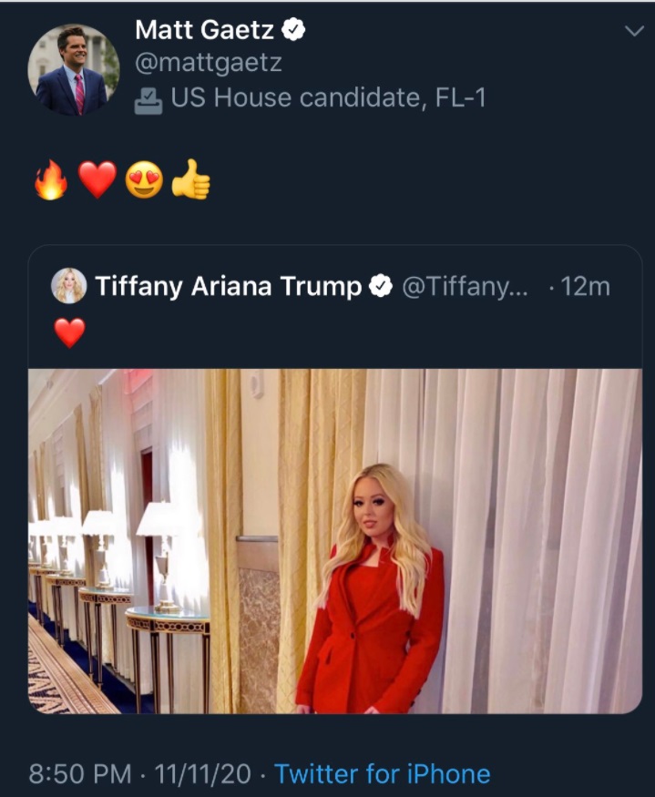 PHOTO Matt Gaetz Thinks Tiffany Trump Is Smoking Hot Uses Heart Emojis To Let Everyone Know