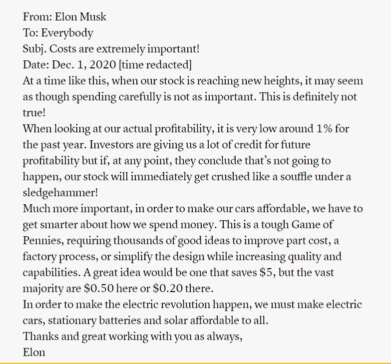 PHOTO Elon Musk Email To Employees Saying Tesla Stock With Get Crushed If We Don't Control Costs
