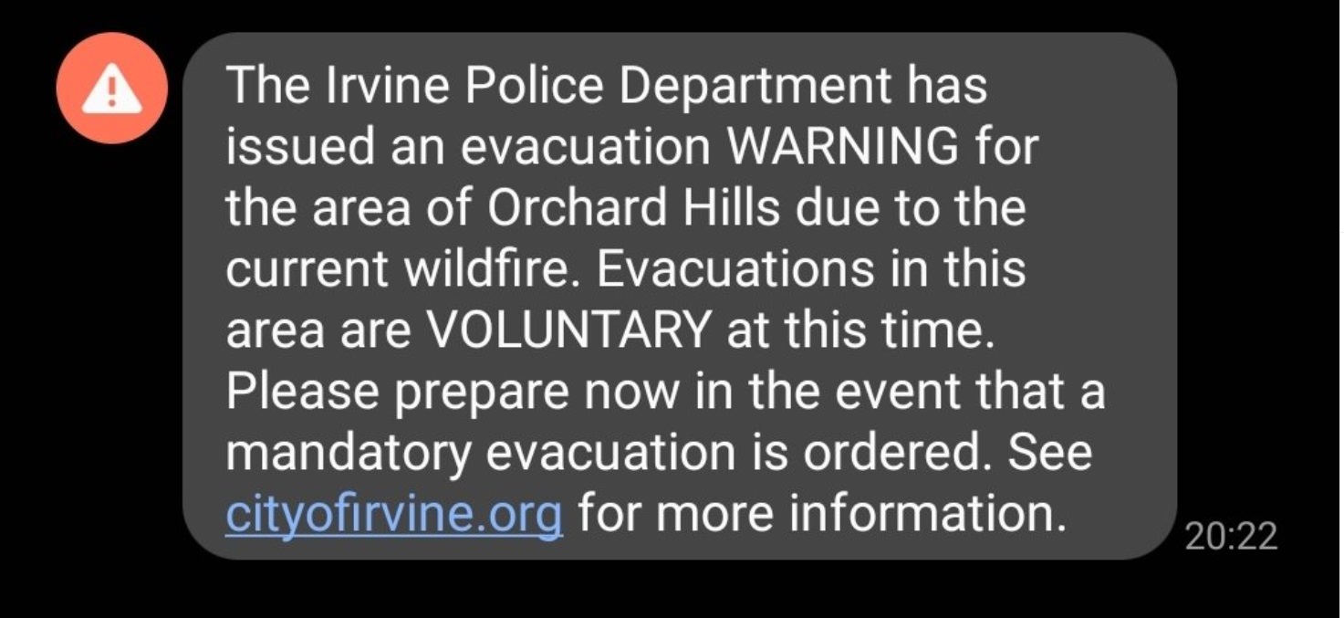 PHOTO Irvine Police Department Issued Evacuation Warning For Orchard Hills Late Thursday Night