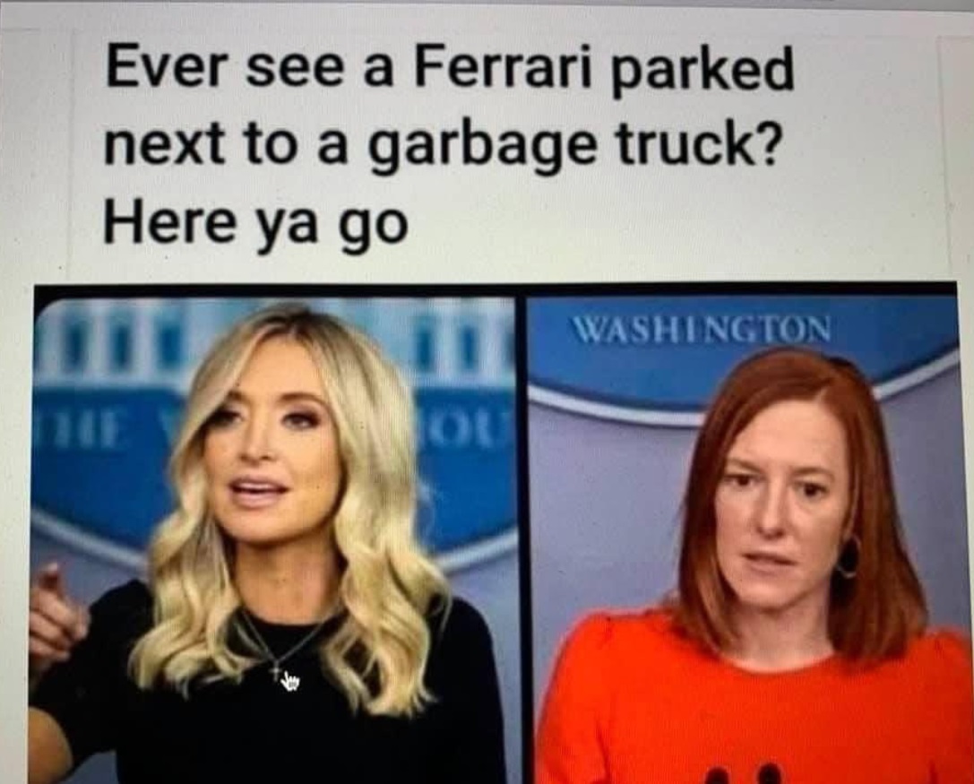 PHOTO Ever See A Ferrari Parked Next To A Garbage Truck Here Ya Go Kayleigh McEnany Jen Psaki Meme