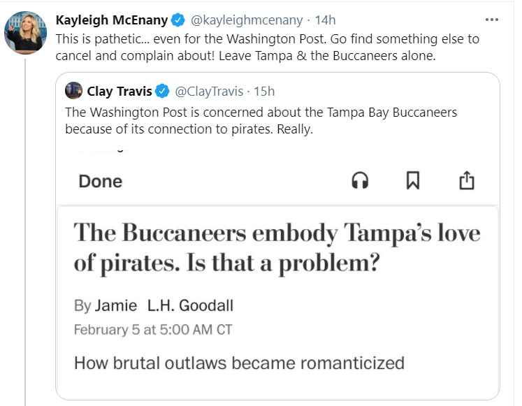 PHOTO Kayleigh McEnany Hating On The Washington Post For Saying The Tampa Bay Buccaneers Love Of Pirates Is A Problem