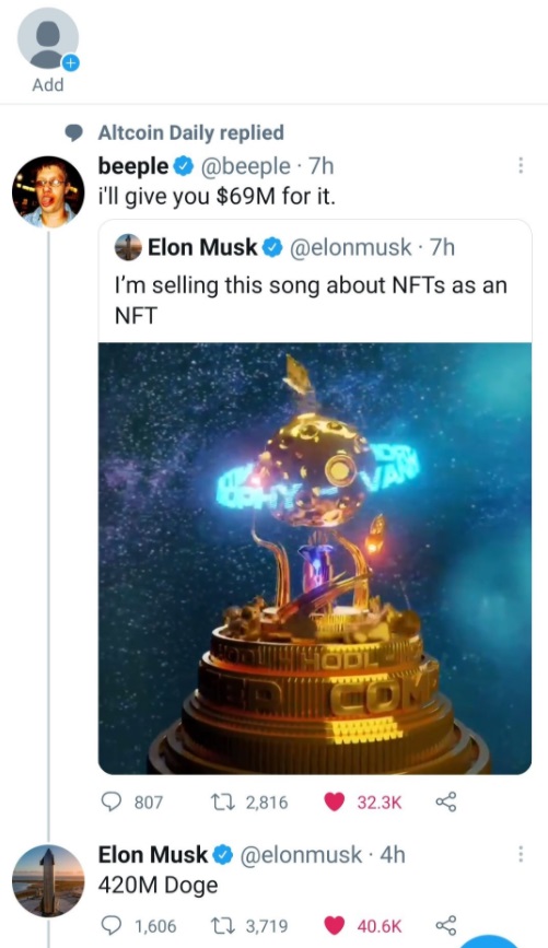 PHOTO Guy Offered Elon Musk $69 Million For His NFT Song And Elon Countered With 420 Million Dogecoin