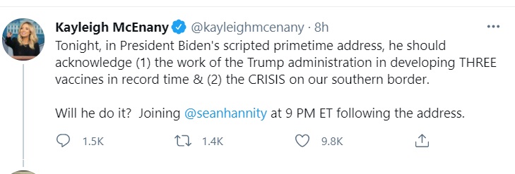 PHOTO Kayleigh McEnany Wanted Joe Biden To Give Donald Trump Credit For Developing Vaccines In Record To During His Primetime Speech