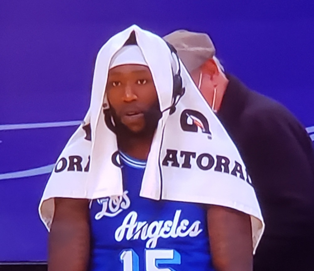 PHOTO Montrezl Harrell Wearing Headset Over Towel Post-Game