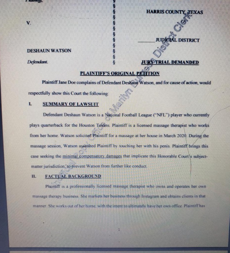 PHOTO Of Civil Lawsuit Filed Against DeShaun Watson In Harris County Texas