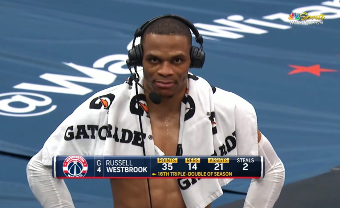 PHOTO Russell Westbrook Wearing No Shirt After Putting Up 35-14-21 Line