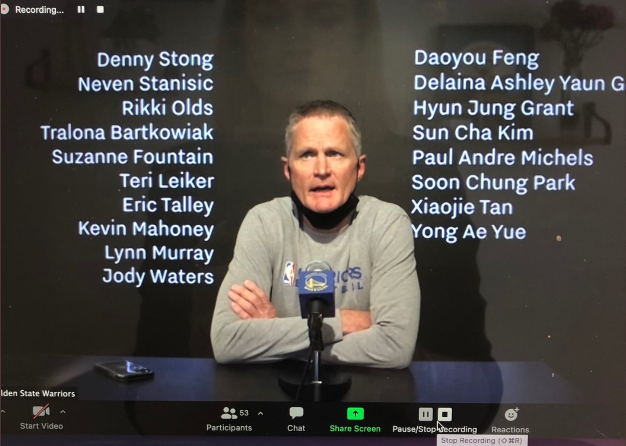 PHOTO Steve Kerr Holding Press Conference With Names Of Boulder Colorado Shooting Victims Behind Him