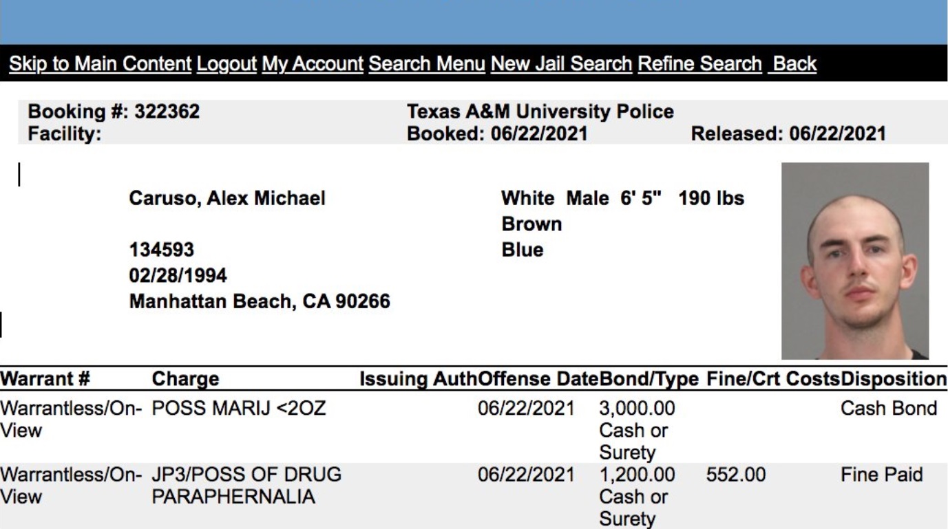 PHOTO Alex Carusio Had To Pay $4200 To Bail Out Of Jail In Texas