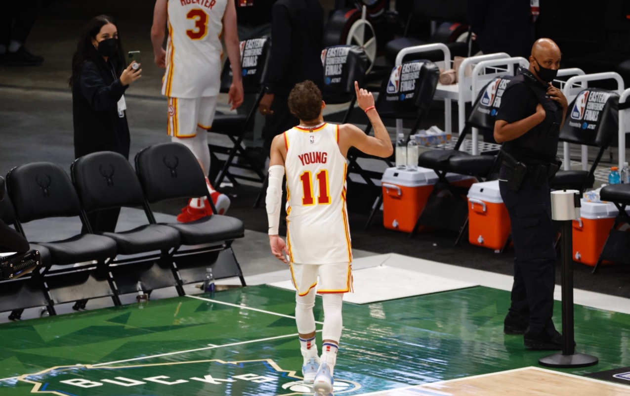 PHOTO Trae Young Pointing Up To The Heavens After Game 1 Win In The ECF's