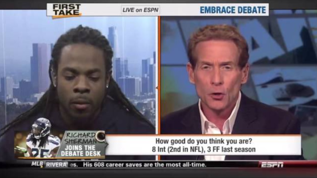 PHOTO Richard Sherman Thinking Very Hard When Asked By Skip Bayless How Good Do You Think You Are