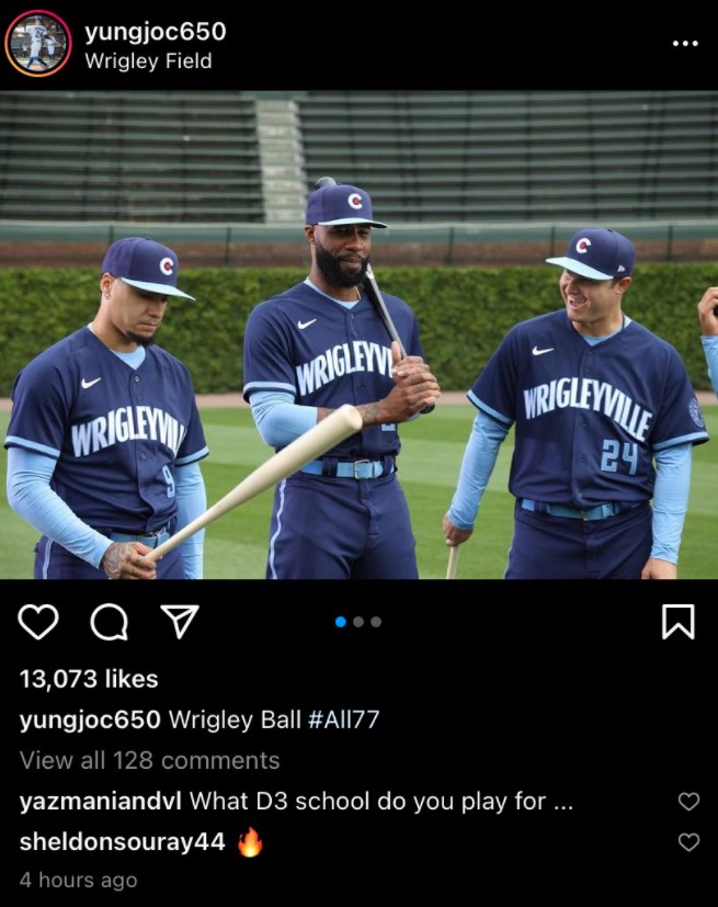 PHOTO Yaz Jokes Pretending To Ask Joc Peterson What D3 School He Plays For Because Of Wrigleyville Jerseys