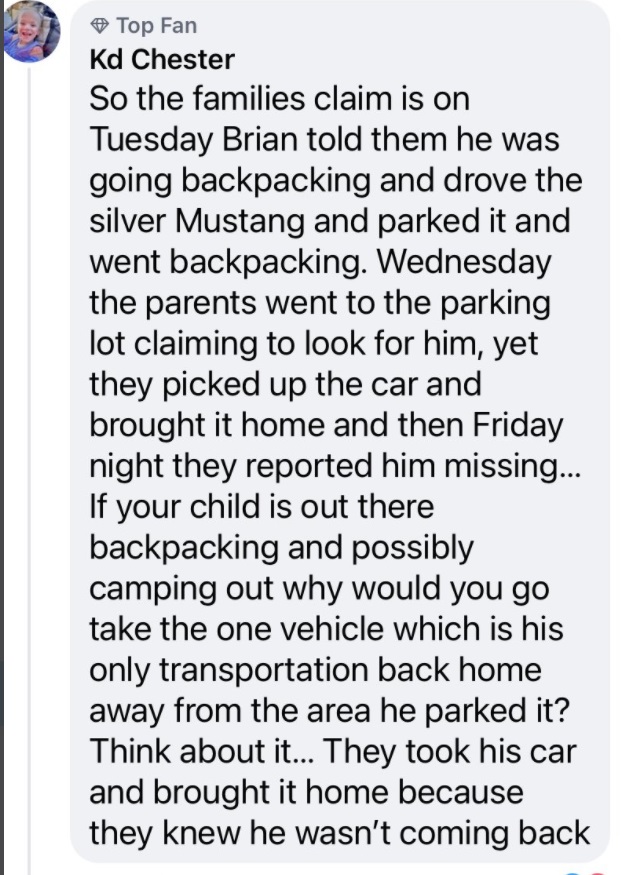 PHOTO Brian Laundrie's Family Says Brian Went Backpacking On Tuesday Of Last Week But Then Casually Pick Up His Abanonded Mustang At Parking Lot Where He Left It